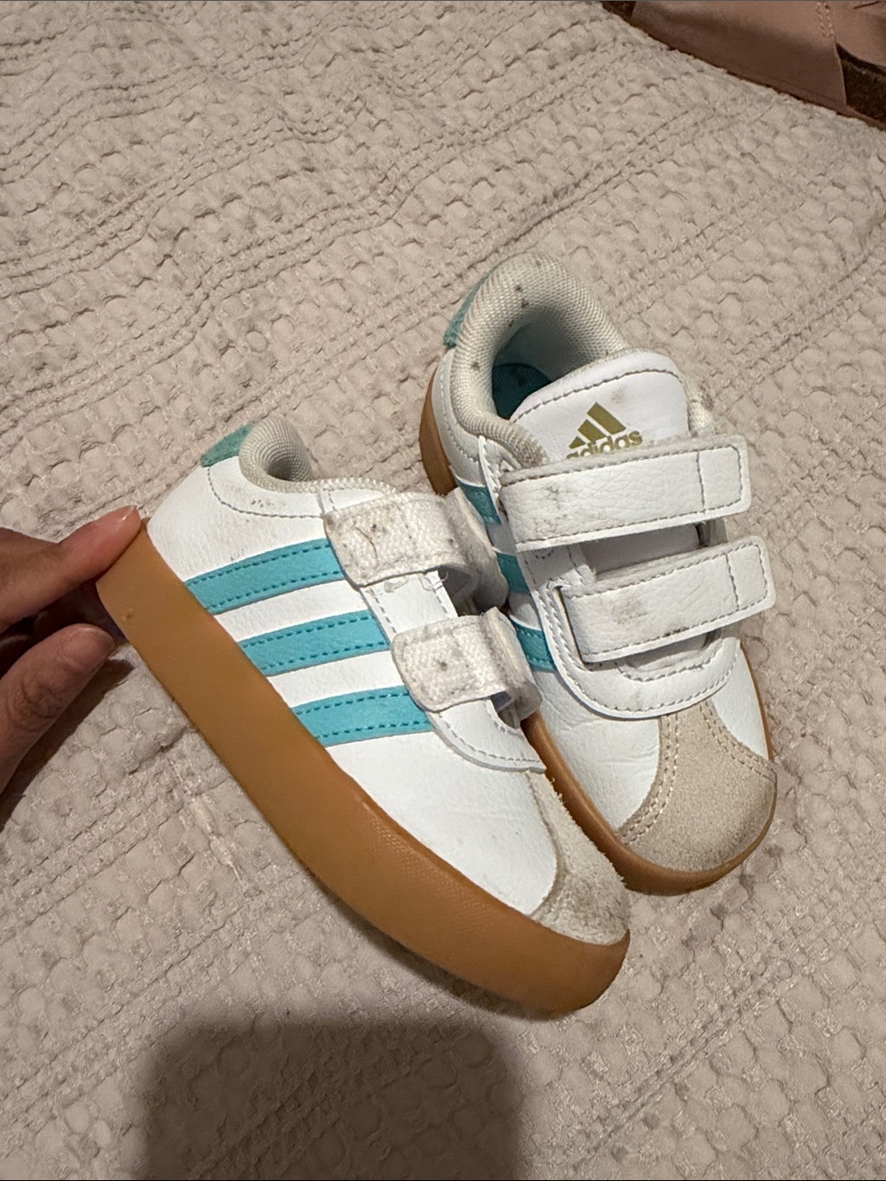 adidas Kids White & Teal Velcro Sneaker with Gum Sole
